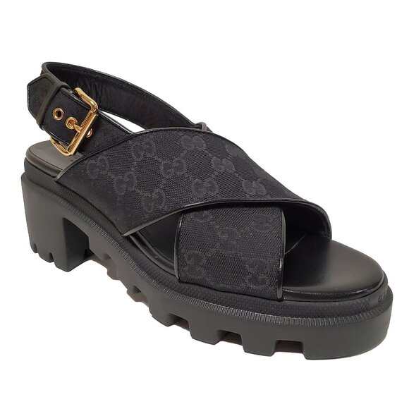 GUCCI SHOES BLACK GG SUPREME CANVAS CHUNKY LUG SOLE SANDALS - Picture 5 of 15